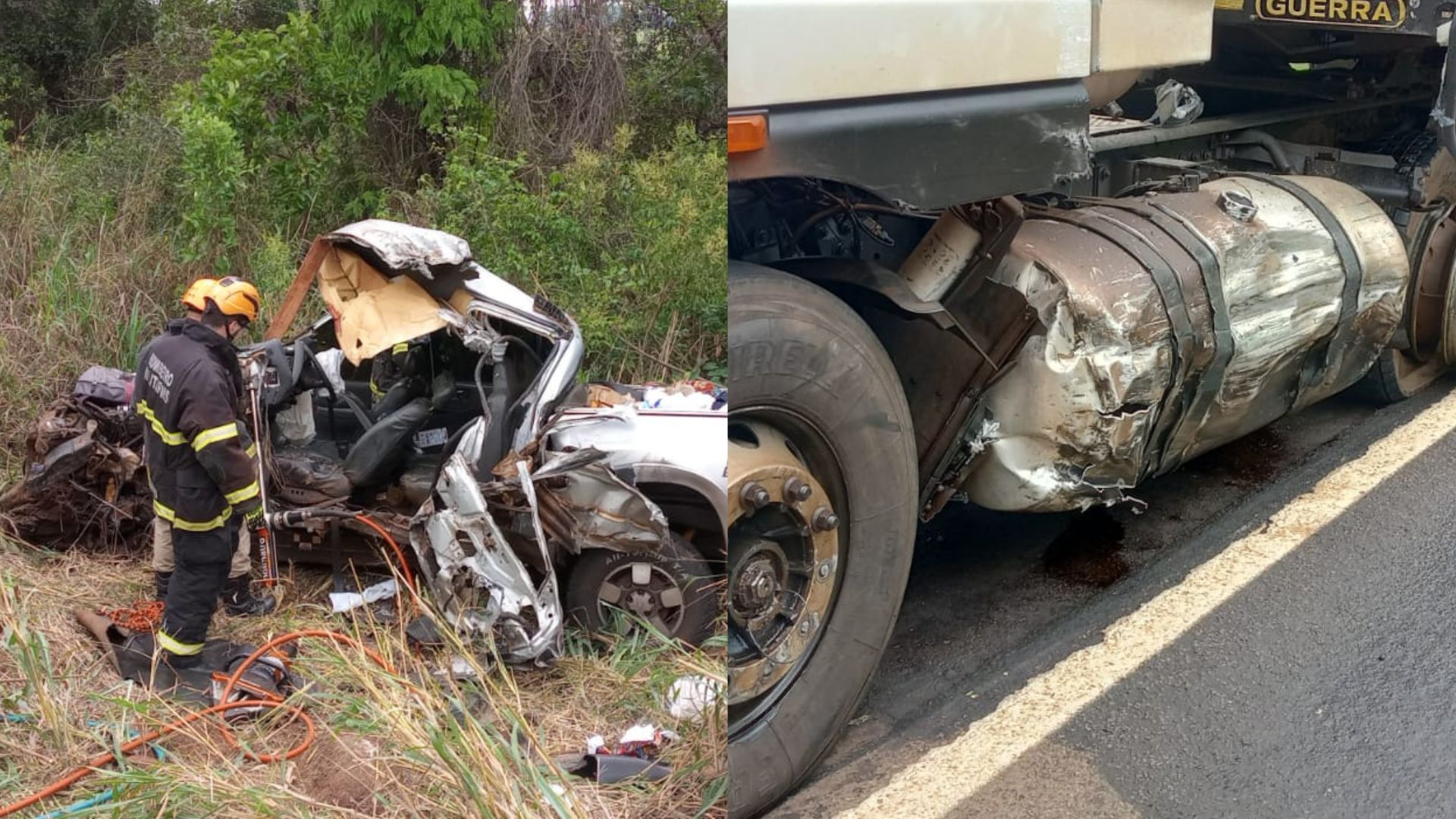 Veículo ficou destruído após colisão com carreta em rodovia.(Divulgação Corpo de Bombeiros)